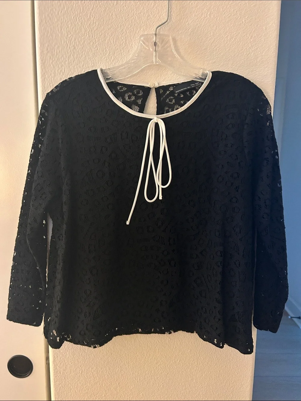 Zara Black Lace Blouse with White Tie Neck